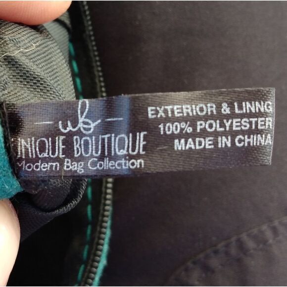 NWOT UNIQUE BOUTIQUE Modern Felt Teal/Lime Green 2 Zip Pockets Adjustable Strap - Picture 3 of 11